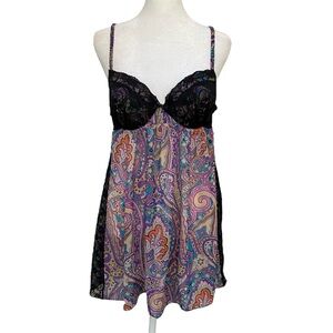 Ambrielle Colorful Paisley Lace Trim Babydoll Chemise